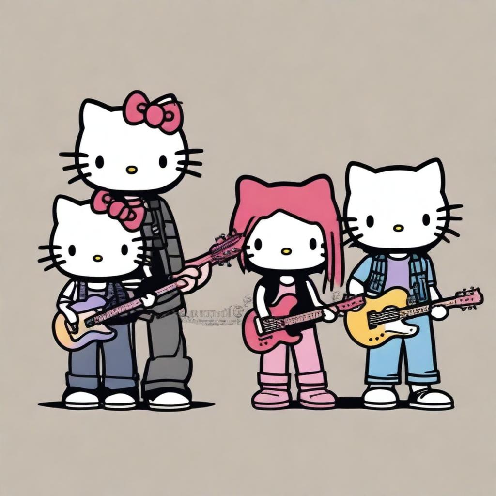 A group of Hello Kitty characters standing side by side in a line, each dressed as a famous grunge musician