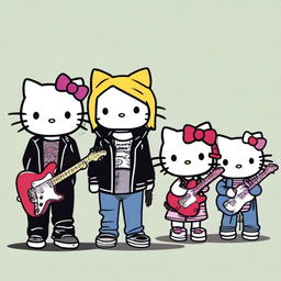 A group of Hello Kitty characters standing side by side in a line, each dressed as a famous grunge musician