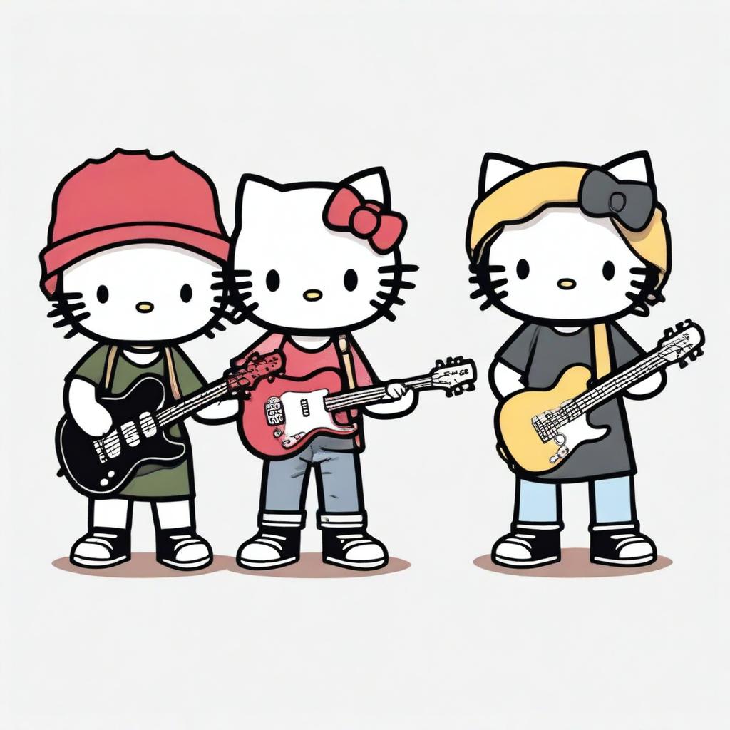 A group of Hello Kitty characters standing side by side in a line, each dressed as a famous grunge musician