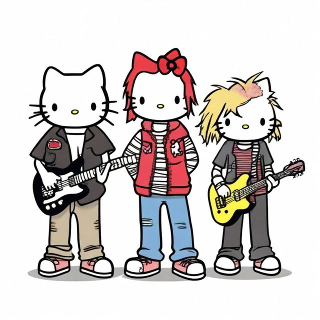 A group of Hello Kitty characters standing side by side in a line, each dressed as a famous grunge musician