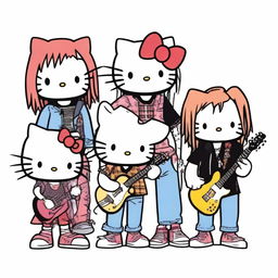 A group of Hello Kitty characters standing side by side in a line, each dressed as a famous grunge musician