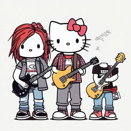 A group of Hello Kitty characters standing side by side in a line, each dressed as a famous grunge musician