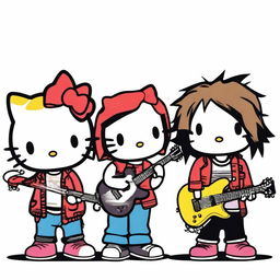 A group of Hello Kitty characters standing side by side in a line, each dressed as a famous grunge musician