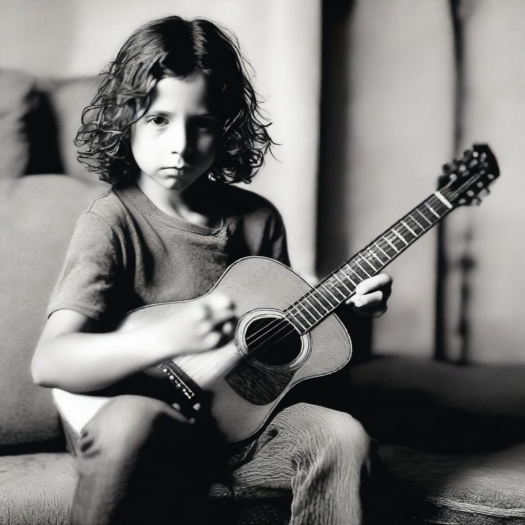 Create a picture of a young Chris Cornell as a child, curiously touching a guitar