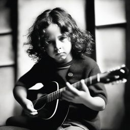 Create a picture of a young Chris Cornell as a child, curiously touching a guitar