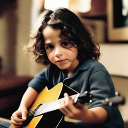 Create a picture of a young Chris Cornell as a child, curiously touching a guitar