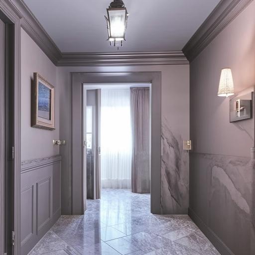 A rectangular hall featuring grey marble tiled flooring, fuscous grey walls, a wooden window and door adorned with elegant curtains, two light fans, a wall-mounted clock and picture frame, a corner lamp, and a TV unit matching the door wall.