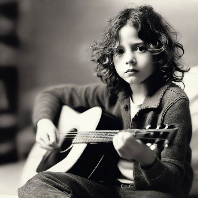 Create a picture of a young Chris Cornell as a child, curiously touching a guitar