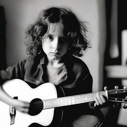 Create a picture of a young Chris Cornell as a child, curiously touching an electric guitar