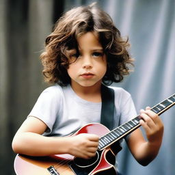 Create a picture of a young Chris Cornell as a child, curiously touching an electric guitar