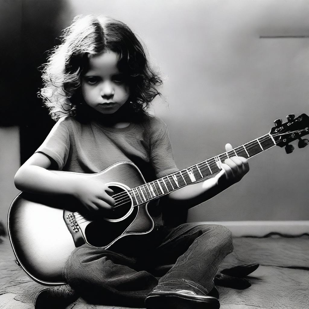 Create a picture of a young Chris Cornell as a child, curiously touching an electric guitar