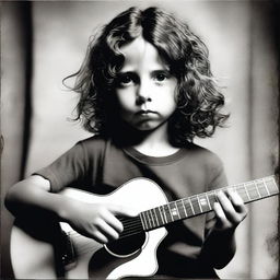 Create a picture of a young Chris Cornell as a child, curiously touching an electric guitar