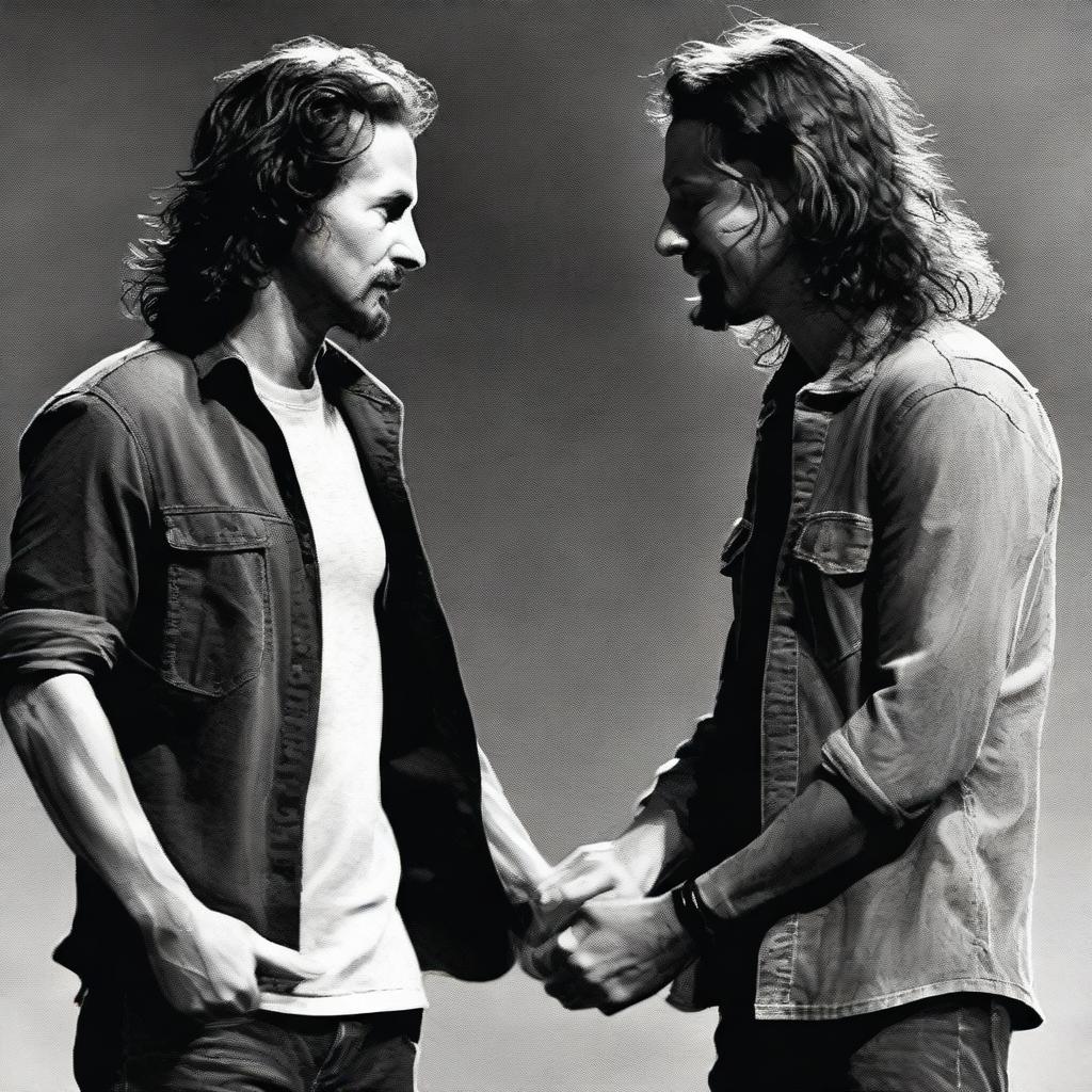 Create a picture of Chris Cornell holding hands with Eddie Vedder