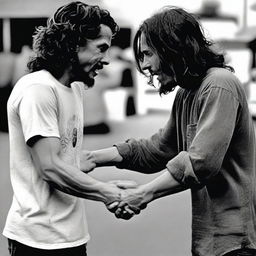 Create a picture of Chris Cornell holding hands with Eddie Vedder