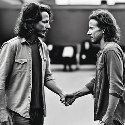 Create a picture of Chris Cornell holding hands with Eddie Vedder