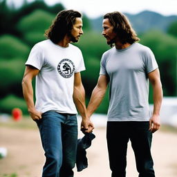 Create a picture of Chris Cornell holding hands with Eddie Vedder