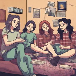 Illustrate a grunge-themed sleepover scene