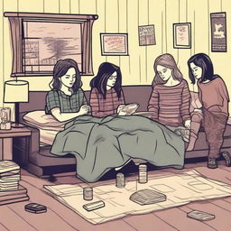 Illustrate a grunge-themed sleepover scene