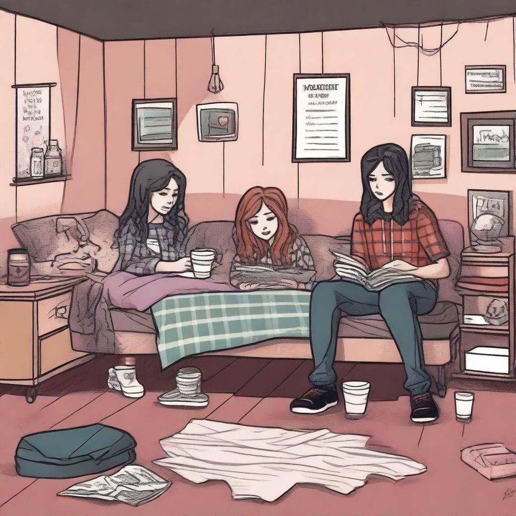 Illustrate a grunge-themed sleepover scene