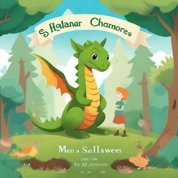 Create a whimsical storybook cover featuring a magical forest with enchanted creatures, a friendly dragon, and a brave young hero