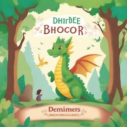 Create a whimsical storybook cover featuring a magical forest with enchanted creatures, a friendly dragon, and a brave young hero