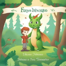 Create a whimsical storybook cover featuring a magical forest with enchanted creatures, a friendly dragon, and a brave young hero