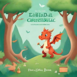 Create a whimsical storybook cover featuring a magical forest with enchanted creatures, a friendly dragon, and a brave young hero