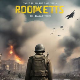 Create a book cover for a novel titled 'When the Rockets Flew' that depicts the war in Ukraine in 2014, life in Russia from 2014 to 2022, and the full-scale invasion of Ukraine in 2022, all through the eyes of a Russian citizen