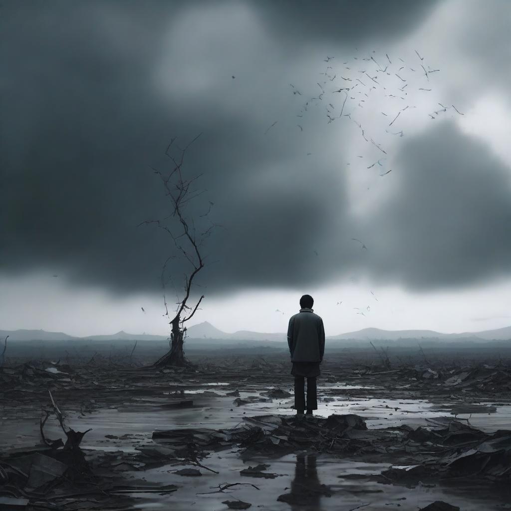 A poignant and emotional scene depicting 'Harapan yang pupus' (shattered hope) with a lone figure standing in a desolate landscape, looking at a broken object that symbolizes their lost dreams