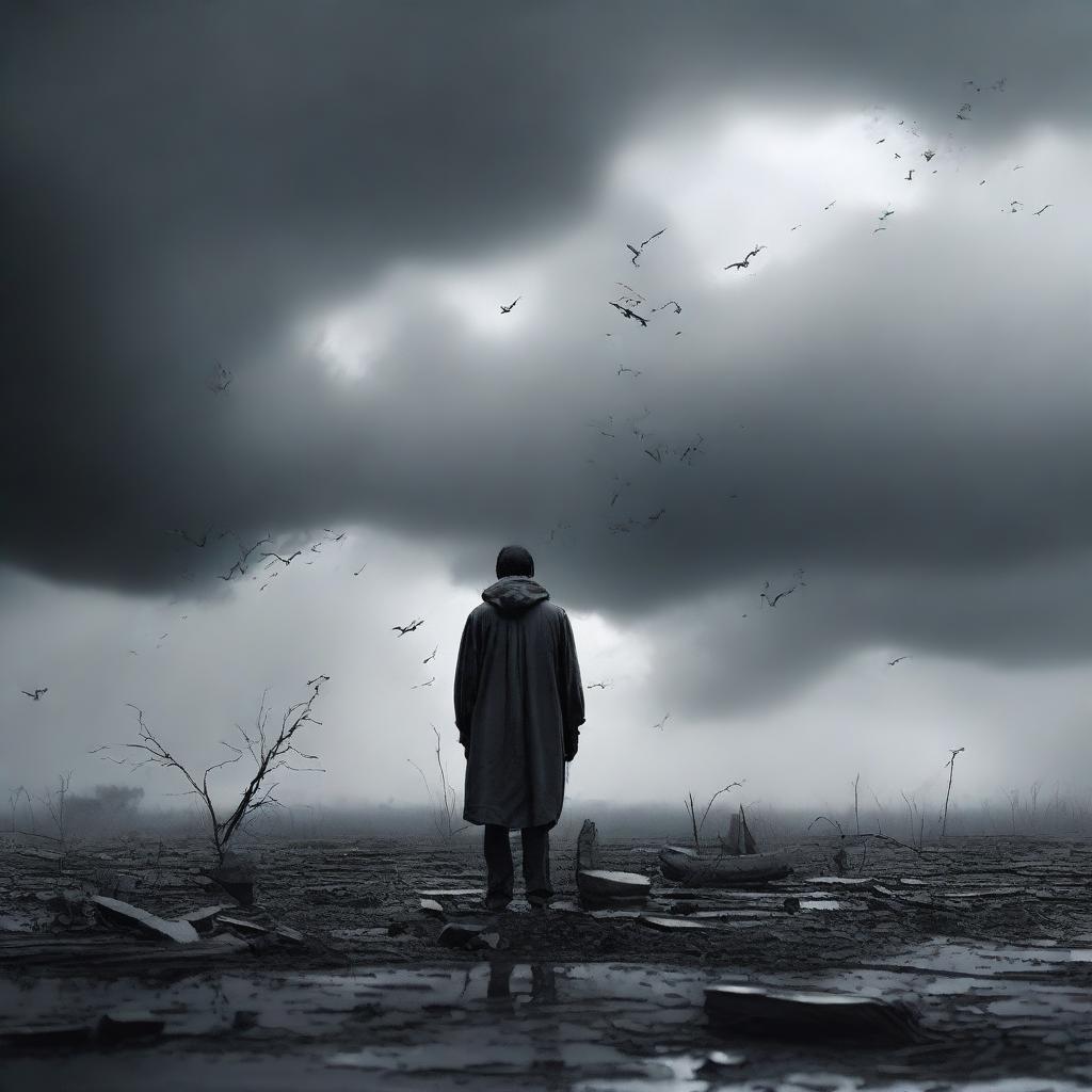 A poignant and emotional scene depicting 'Harapan yang pupus' (shattered hope) with a lone figure standing in a desolate landscape, looking at a broken object that symbolizes their lost dreams