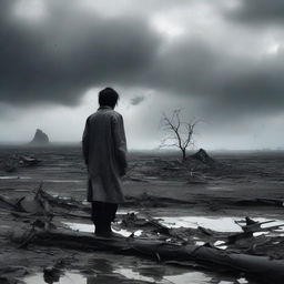 A poignant and emotional scene depicting 'Harapan yang pupus' (shattered hope) with a lone figure standing in a desolate landscape, looking at a broken object that symbolizes their lost dreams