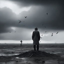 A poignant and emotional scene depicting 'Harapan yang pupus' (shattered hope) with a lone figure standing in a desolate landscape, looking at a broken object that symbolizes their lost dreams