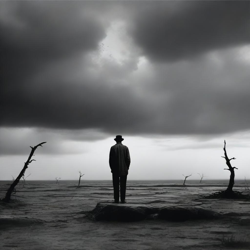 An evocative and somber scene depicting 'Harapan yang hilang' (lost hope) with a solitary figure standing in a barren landscape, gazing at a distant horizon