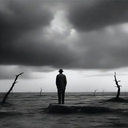 An evocative and somber scene depicting 'Harapan yang hilang' (lost hope) with a solitary figure standing in a barren landscape, gazing at a distant horizon