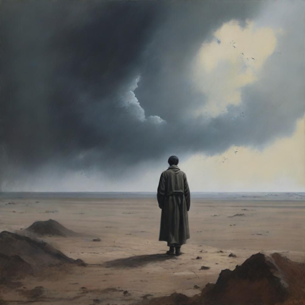 An evocative and somber scene depicting 'Harapan yang hilang' (lost hope) with a solitary figure standing in a barren landscape, gazing at a distant horizon