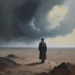 An evocative and somber scene depicting 'Harapan yang hilang' (lost hope) with a solitary figure standing in a barren landscape, gazing at a distant horizon