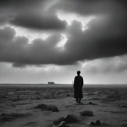 An evocative and somber scene depicting 'Harapan yang hilang' (lost hope) with a solitary figure standing in a barren landscape, gazing at a distant horizon