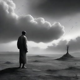 An evocative and somber scene depicting 'Harapan yang hilang' (lost hope) with a solitary figure standing in a barren landscape, gazing at a distant horizon