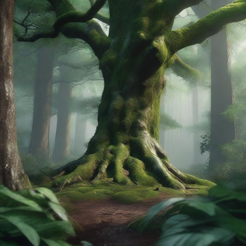 Generate a highly detailed, 8k resolution portrait of a fantasy dark green forest