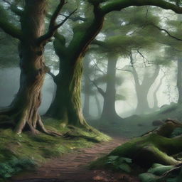 Generate a highly detailed, 8k resolution portrait of a fantasy dark green forest