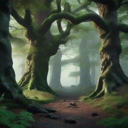 Generate a highly detailed, 8k resolution portrait of a fantasy dark green forest