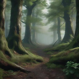 Generate a highly detailed, 8k resolution portrait of a fantasy dark green forest