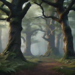 Generate a highly detailed, 8k resolution portrait of a fantasy dark forest