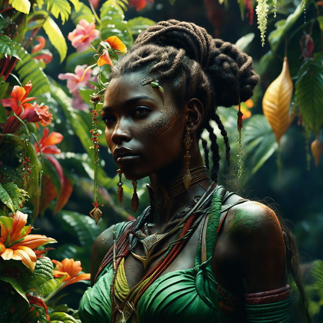 Hyper-realistic 3D image of a zoomed-out view of a different African elf woman with braids in a rococo outfit, standing in a vibrant, magical African jungle. Her face is more intricately detailed, and the image is shot with an intense, immaculate composition and lighting.