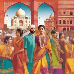 A vibrant scene depicting the acculturation process in India, showcasing a blend of traditional and modern elements