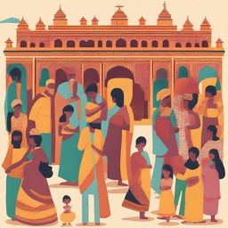 A vibrant and detailed illustration showcasing the acculturation process in India, featuring diverse cultural elements such as traditional clothing, festivals, and architecture