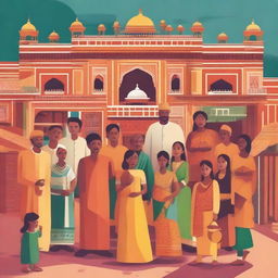 A vibrant and detailed illustration showcasing the acculturation process in India, featuring diverse cultural elements such as traditional clothing, festivals, and architecture