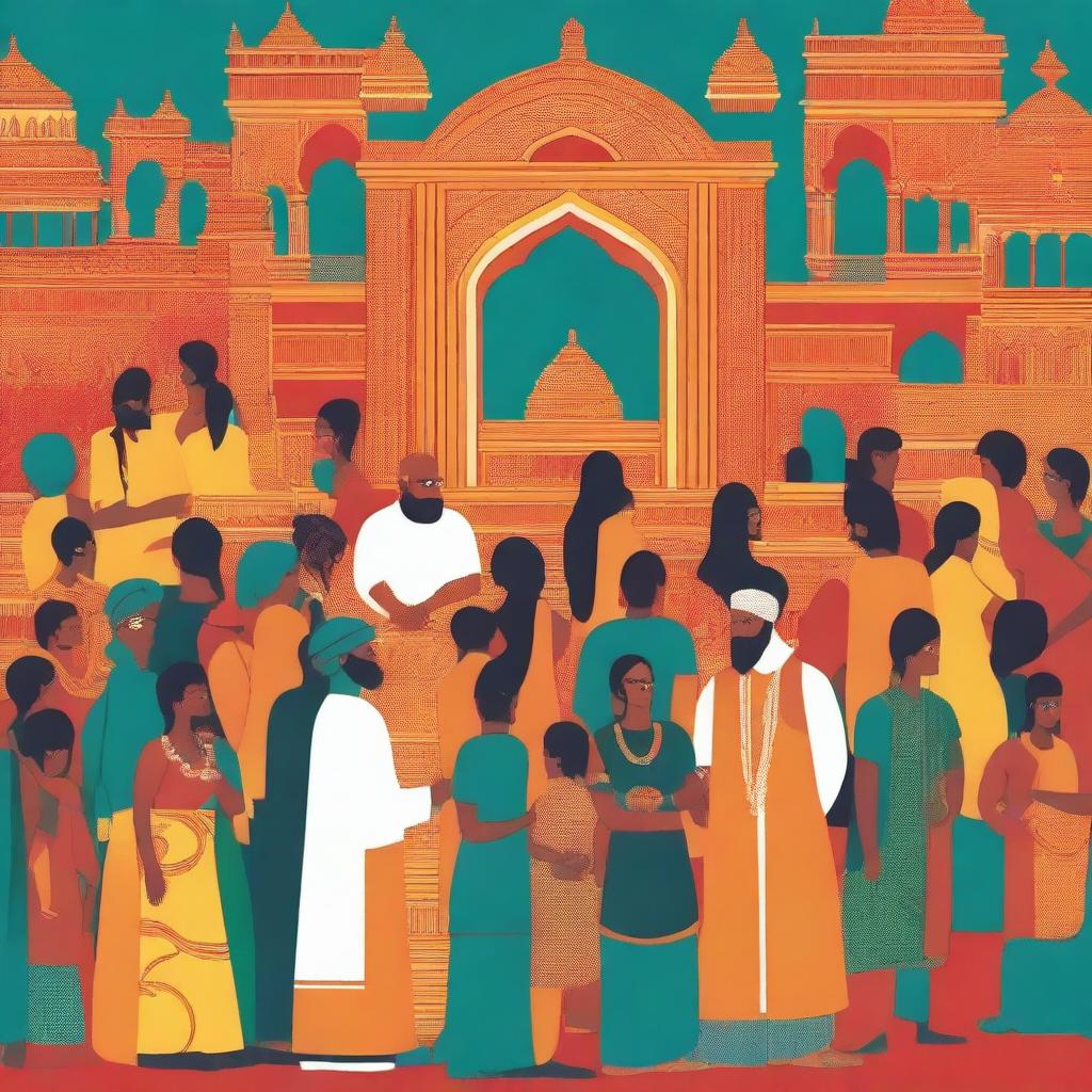 A vibrant and detailed illustration showcasing the acculturation process in India, featuring diverse cultural elements such as traditional clothing, festivals, and architecture