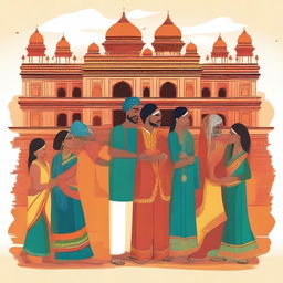 A vibrant and detailed illustration showcasing the acculturation process in India, featuring diverse cultural elements such as traditional clothing, festivals, and architecture