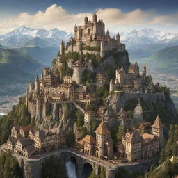 An imaginative representation of Liechtenstein in a steampunk format, presenting Vaduz with an antique metallic cityscape, alpine landscapes dotted with steam-powered ski lifts, and ancient castles exhibiting subtle mechanical features.